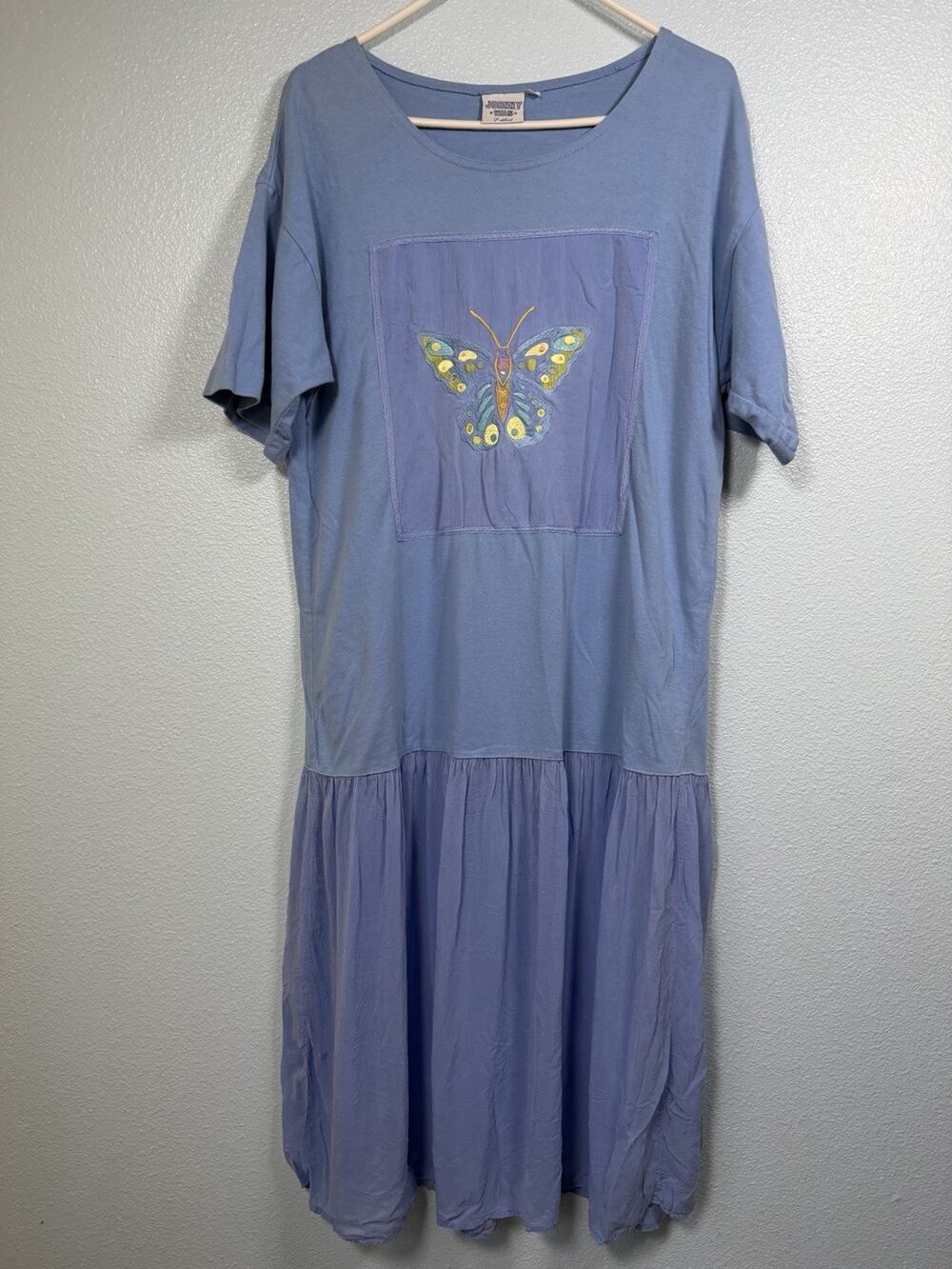 Johnny Was Blue Butterfly Embroidered T Shirt Maxi Dress Women's M Boho